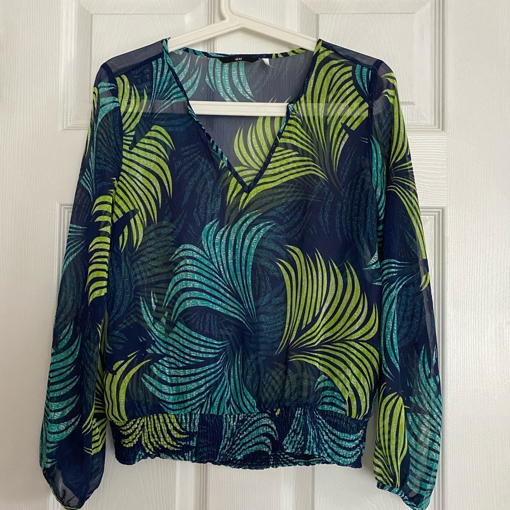 H&M Blue & Green Sheer Long Sleeve Blouse